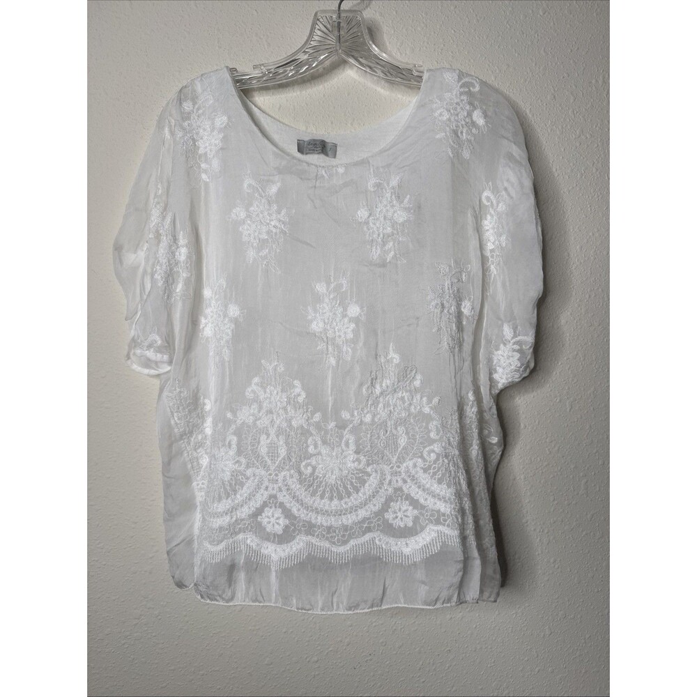 Angela Moda Top Womens Small Ivory Silk Lace Floral Embroidered Lined Artsy Boho